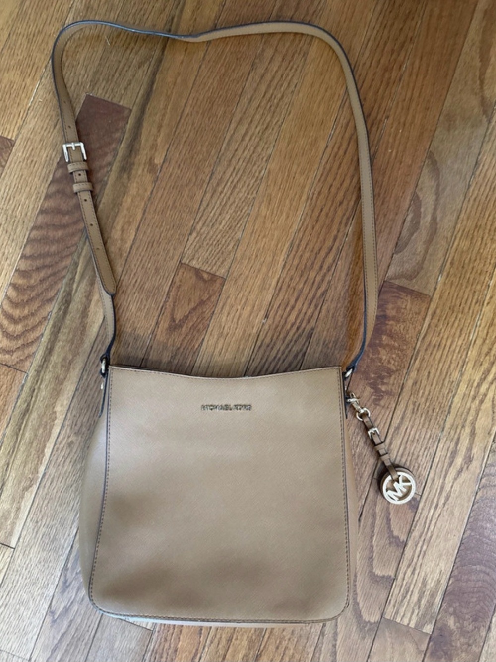 Michael Kors Tan Leather Saffiano Crossbody with MK Charm